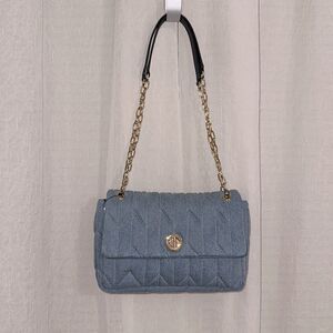 Talbots Gold Tone Chain Strap Leather Trim Quilted Denim Blue Shoulder Bag